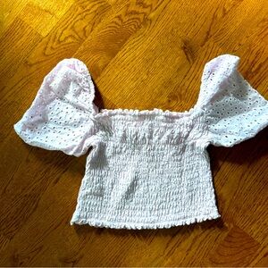 Miss Selfridge Women Pink Top Smocked Eyelet Puff Sleeve Shirt Peasant Crop